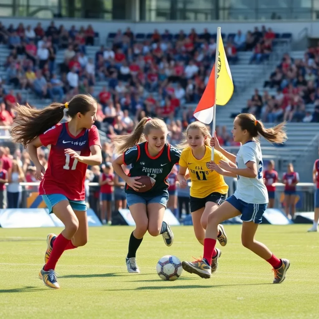 Girls participating in a high-stakes flag football match during the semifinals