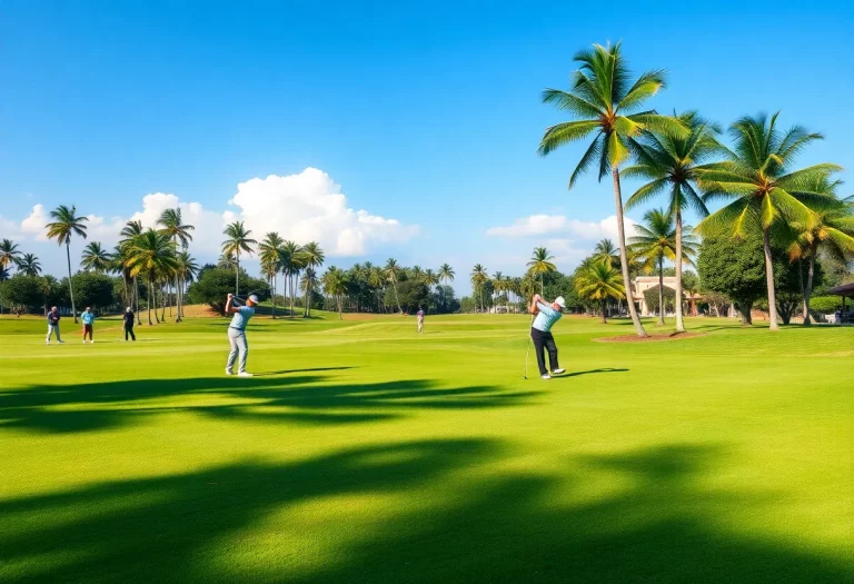 A picturesque golf course on a sunny day with trees and players practicing golf.