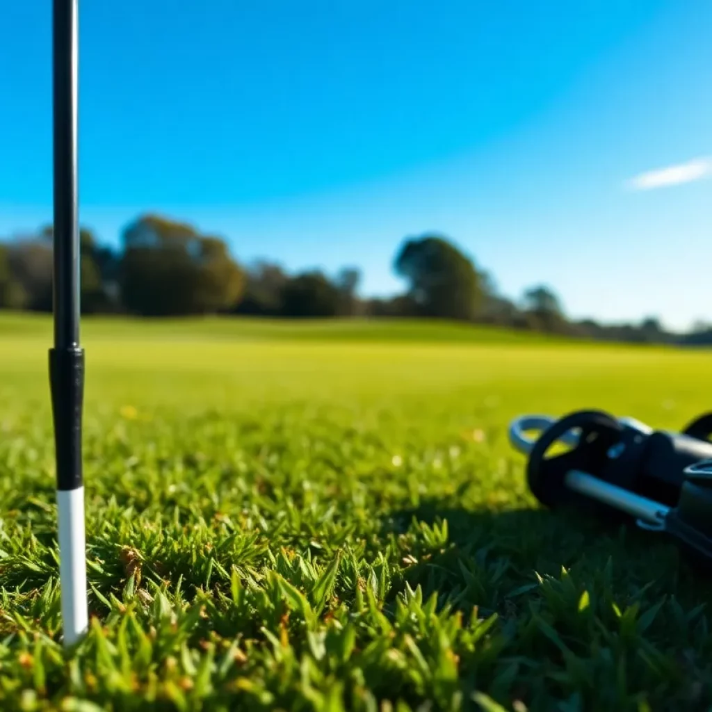A beautiful golf course showcasing a tee and an empty golf bag