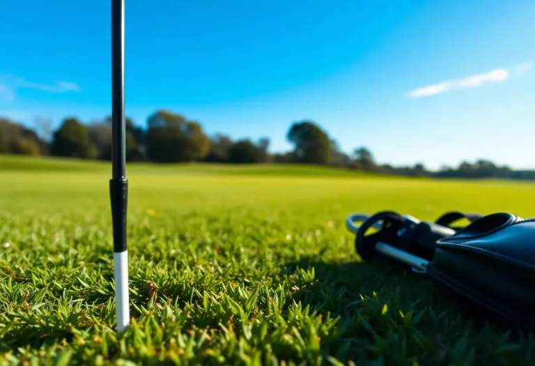 A beautiful golf course showcasing a tee and an empty golf bag