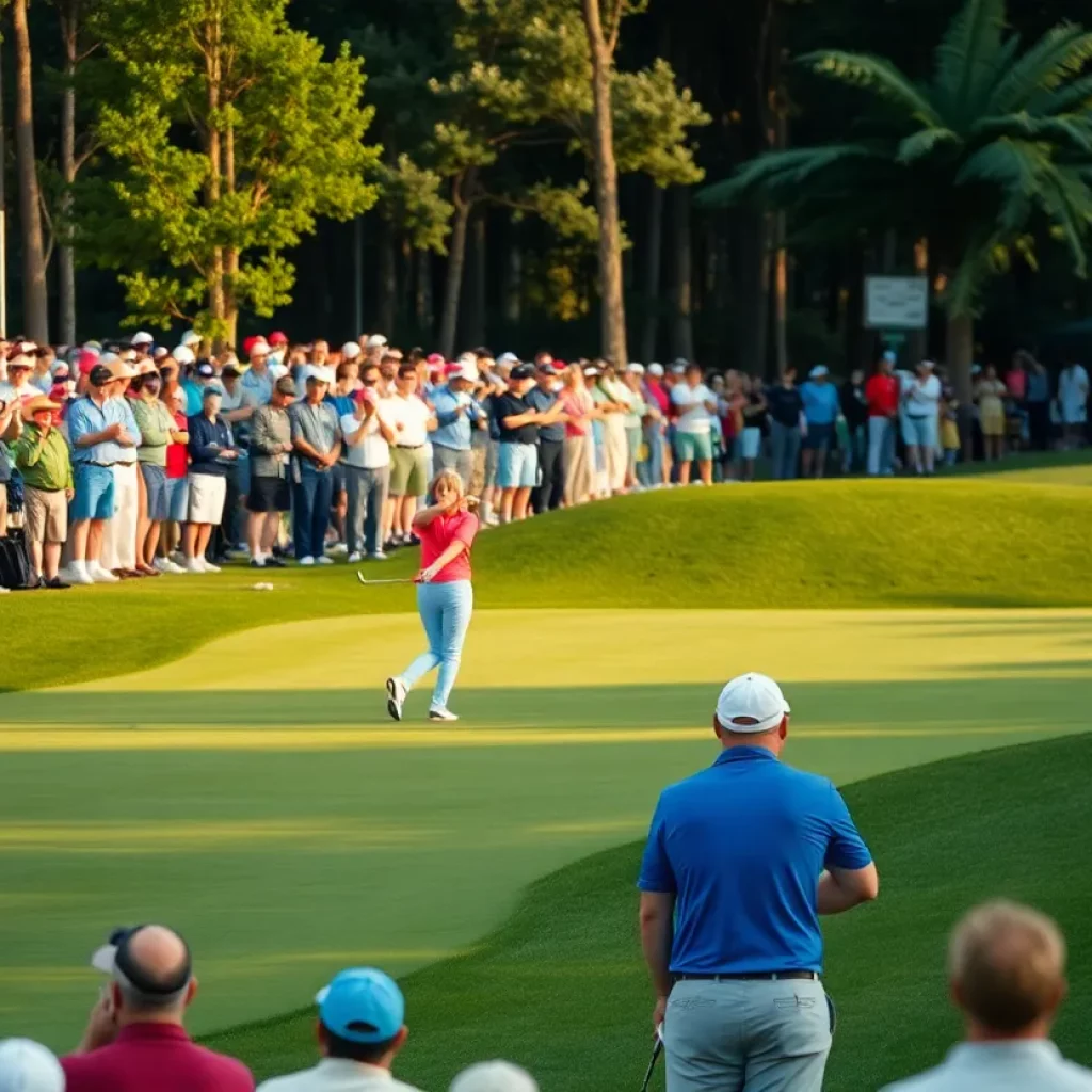 Action scene from a golf tournament showing players and spectators