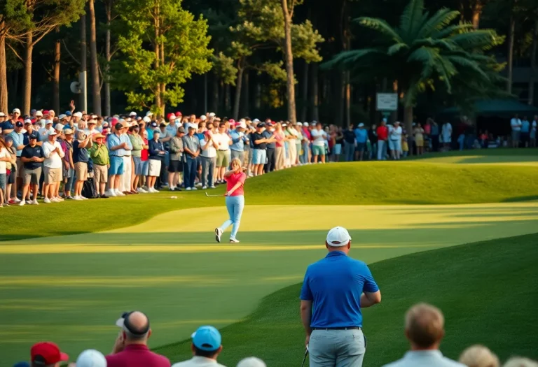 Action scene from a golf tournament showing players and spectators