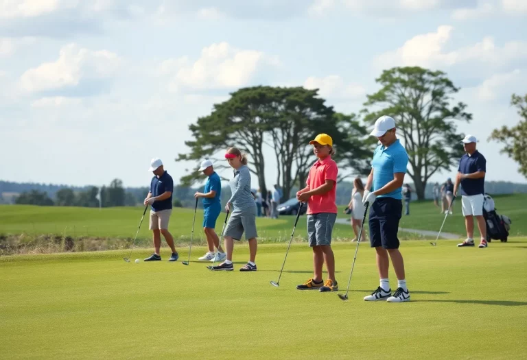 Young golfers participating in a tournament on a scenic golf course