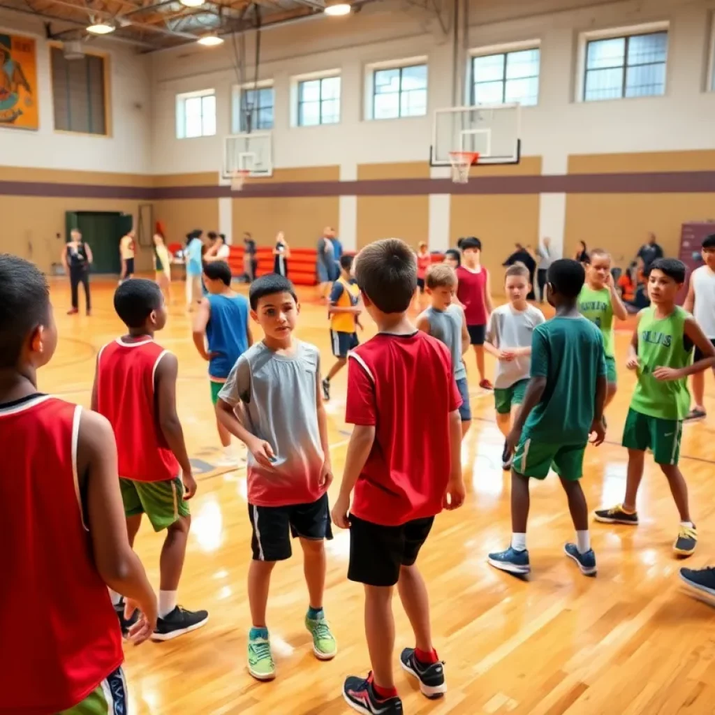 Young basketball players practicing on the court with their coach.