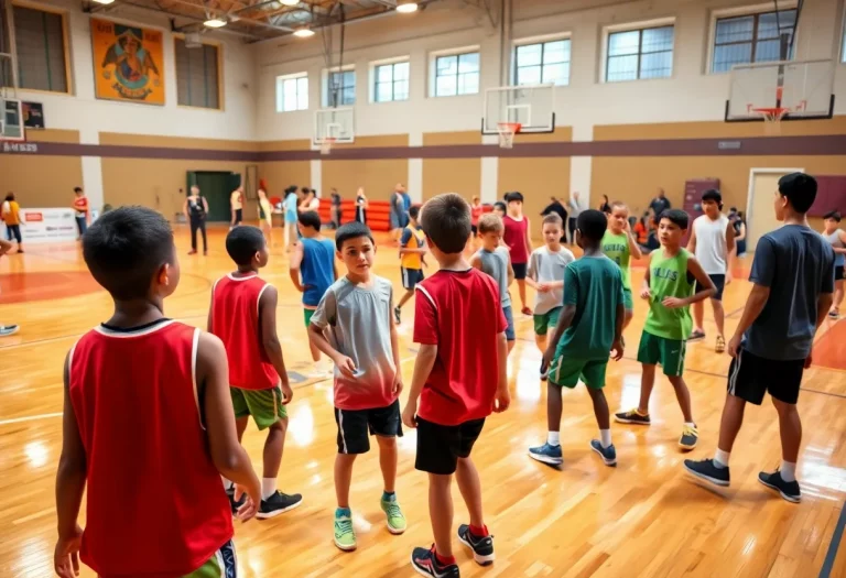 Young basketball players practicing on the court with their coach.