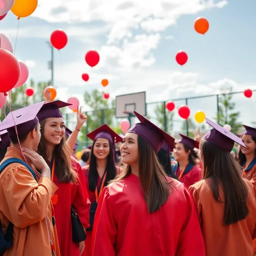 Students celebrating graduation at Oakland Technical High School