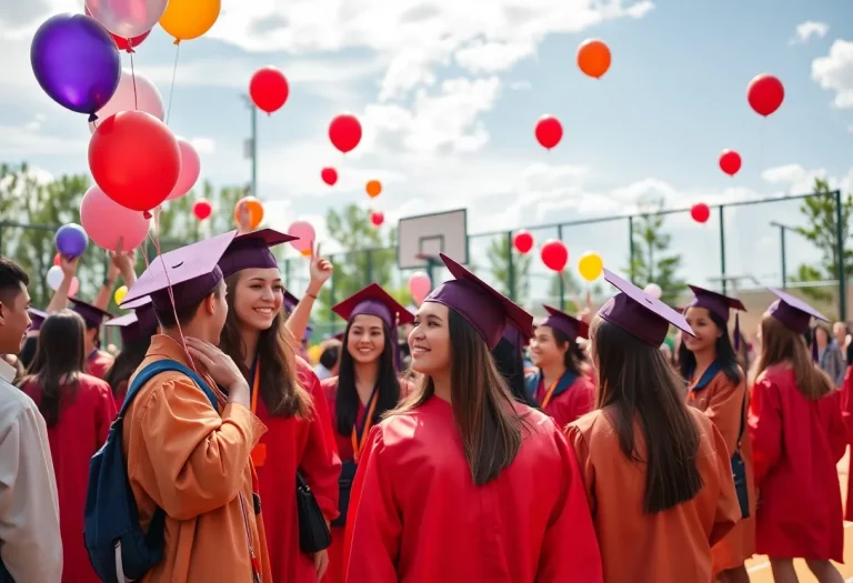 Students celebrating graduation at Oakland Technical High School