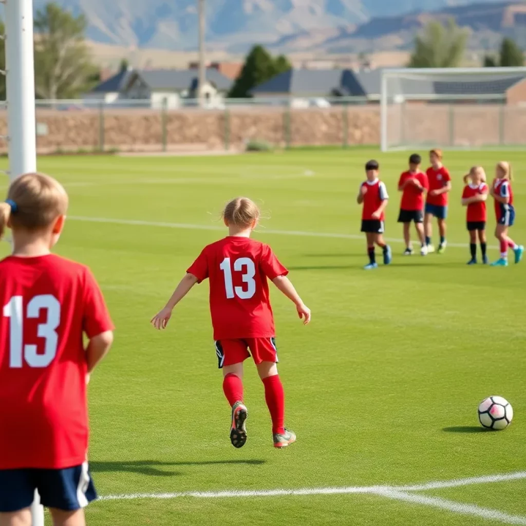 Youth soccer players practicing on the field in Green River, Wyoming