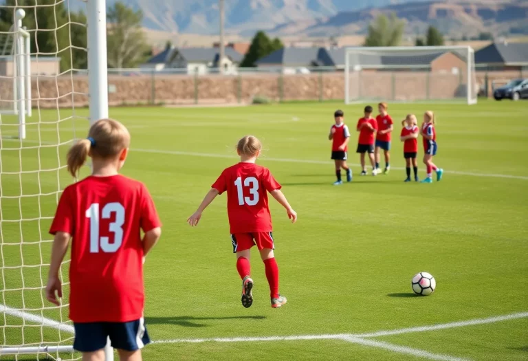 Youth soccer players practicing on the field in Green River, Wyoming