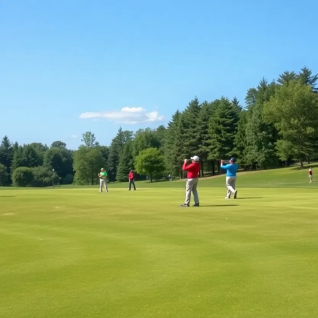 Players participating in a high school golf tournament on a sunny day.