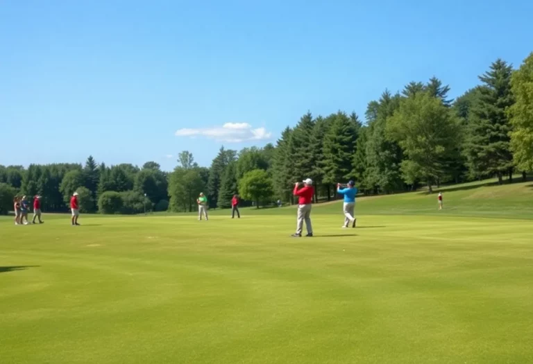 Players participating in a high school golf tournament on a sunny day.