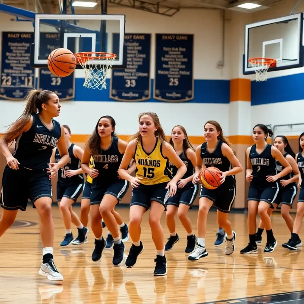 Hannibal High School girls' basketball team practicing on the court.