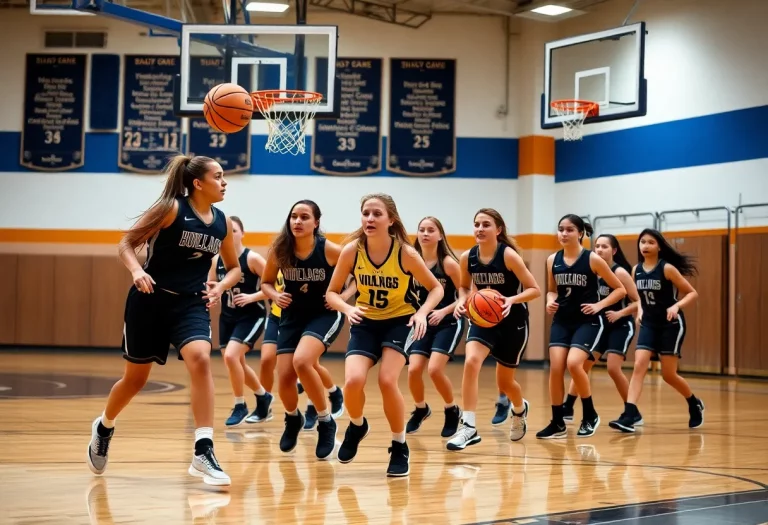 Hannibal High School girls' basketball team practicing on the court.