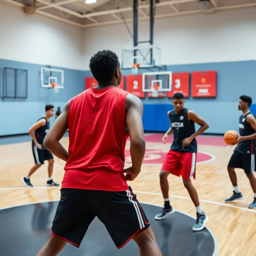 High school boys basketball team practicing on the court