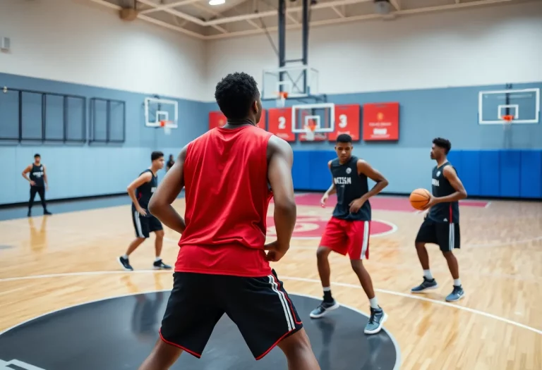 High school boys basketball team practicing on the court