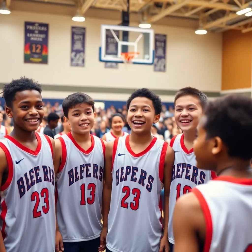 Young basketball players celebrating their college signings