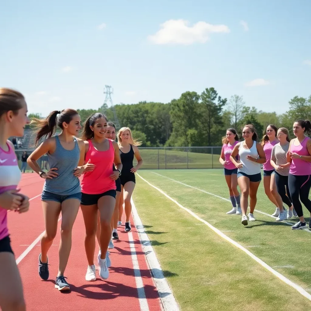 Helena High girls' track team practicing together on a sunny day
