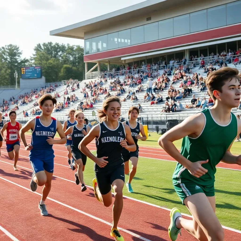 Athletes competing in a high school track meet at Vigilante Stadium