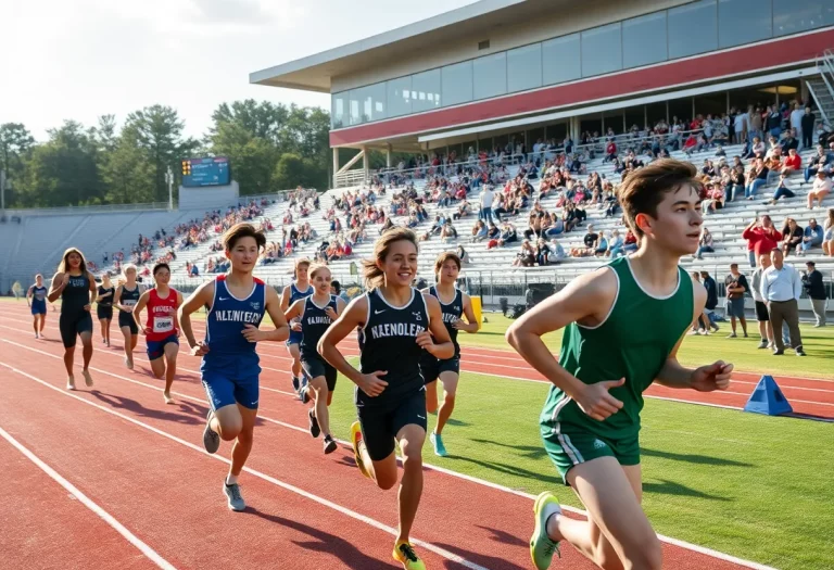 Athletes competing in a high school track meet at Vigilante Stadium