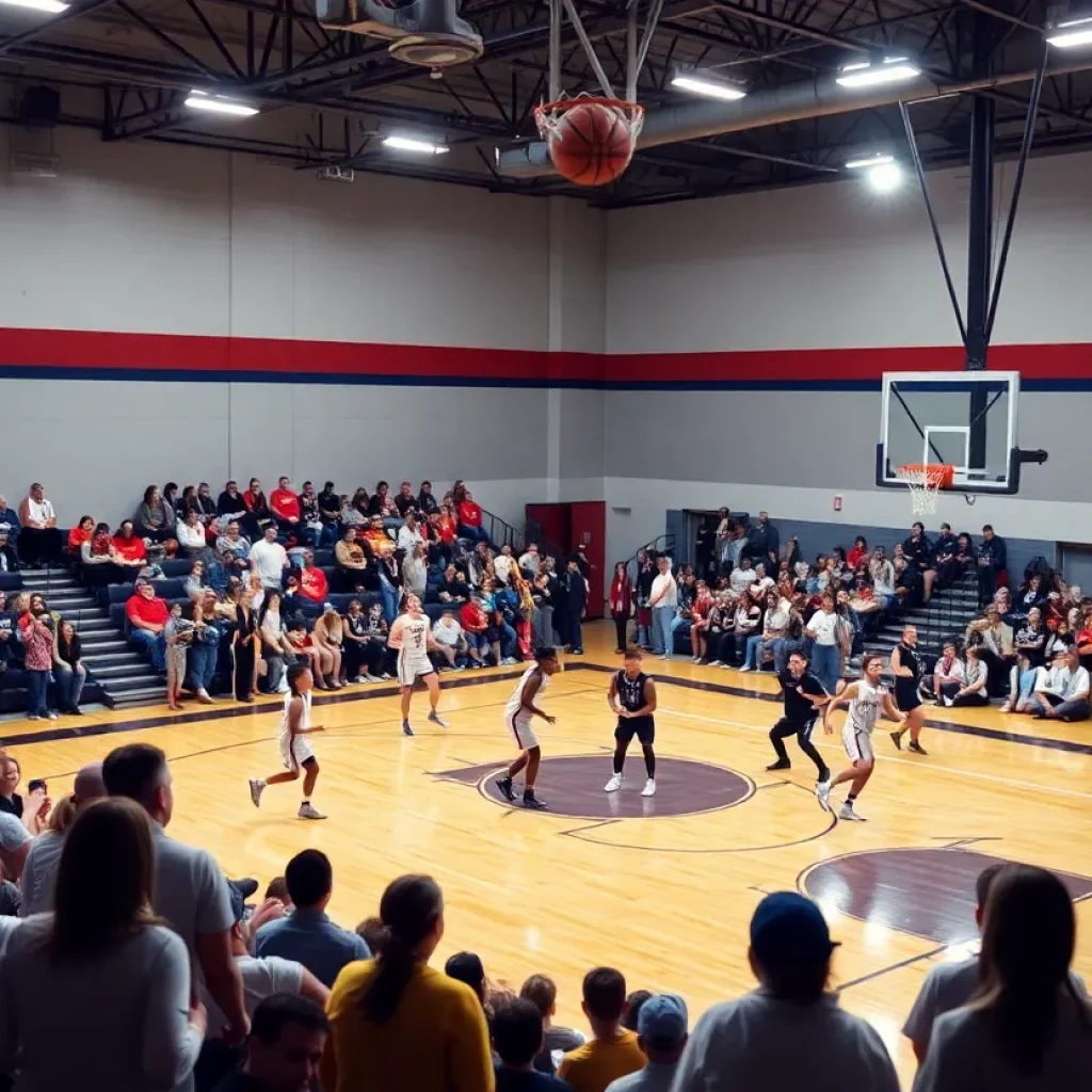 Players from a high school basketball team in action on the court