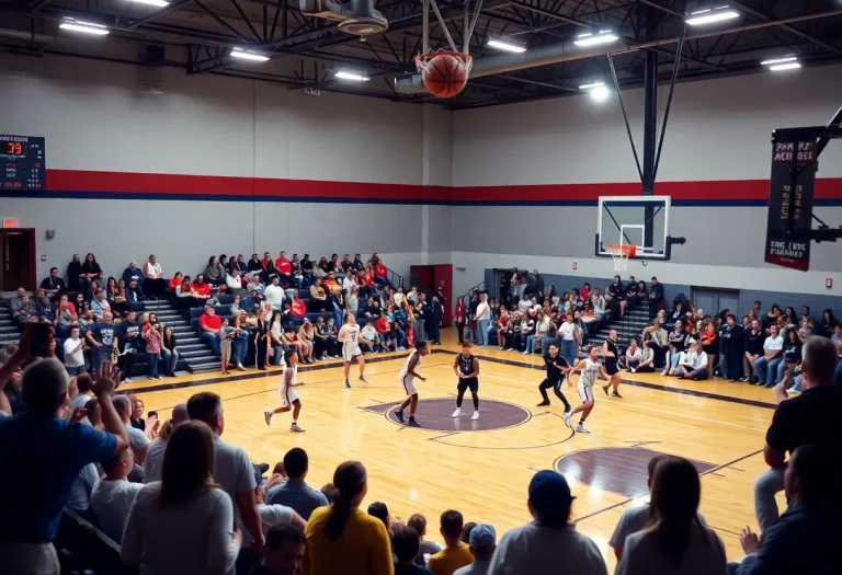Players from a high school basketball team in action on the court