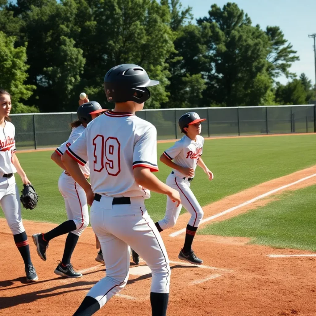 High school baseball players in action on the field during a game.