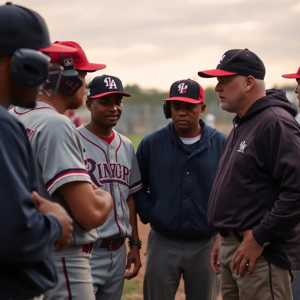 Baseball players at a high school game discussing serious issues