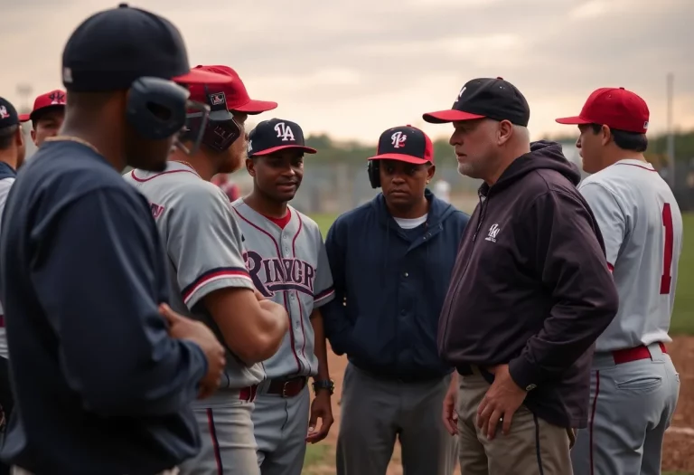Baseball players at a high school game discussing serious issues