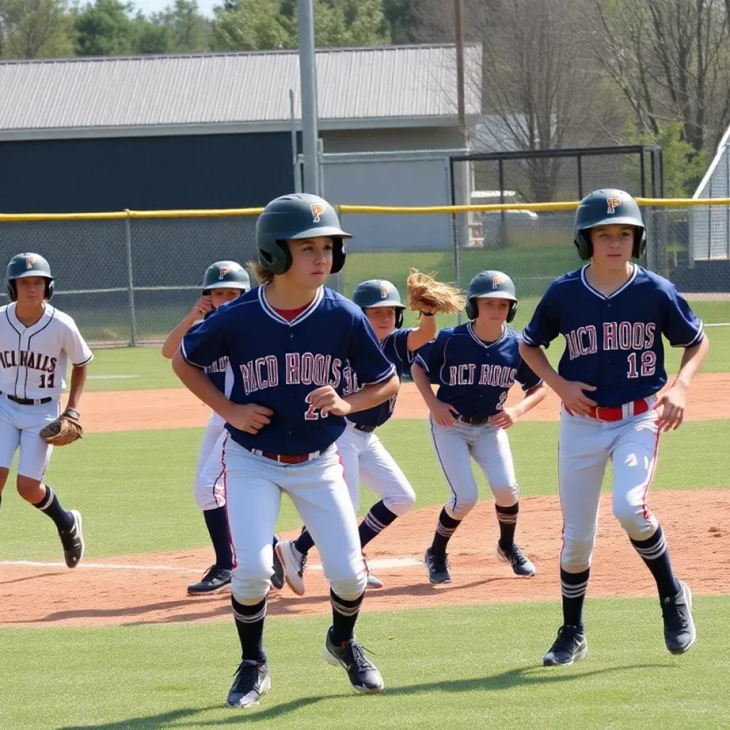 A vibrant high school baseball game with players actively participating on the field.