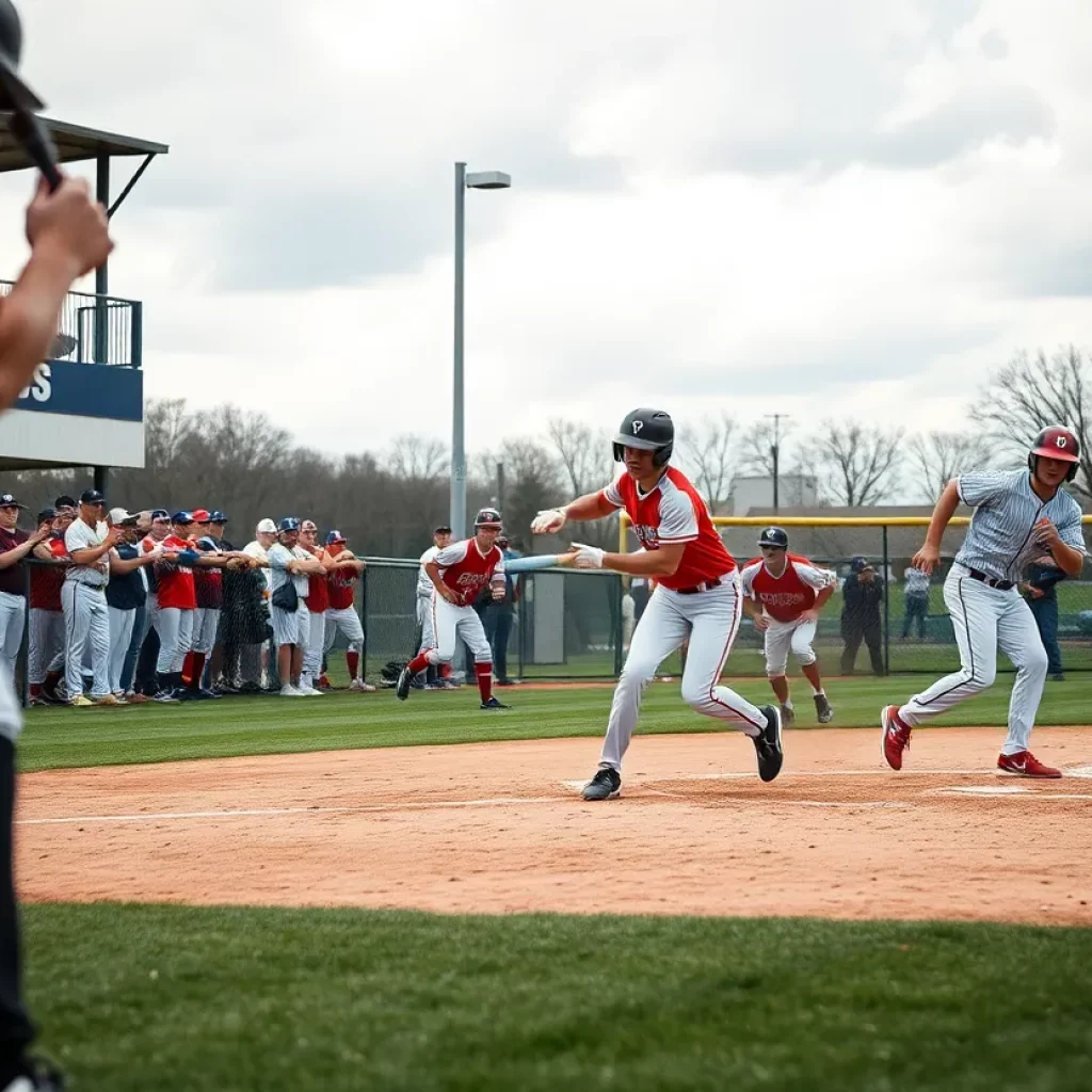 Players in action during a high school baseball playoff game.