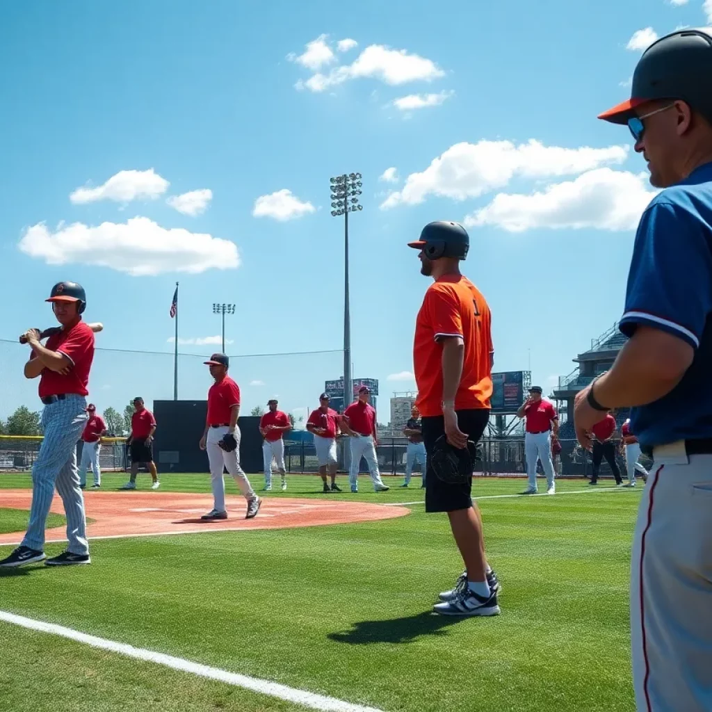 High school baseball players practicing with safety equipment