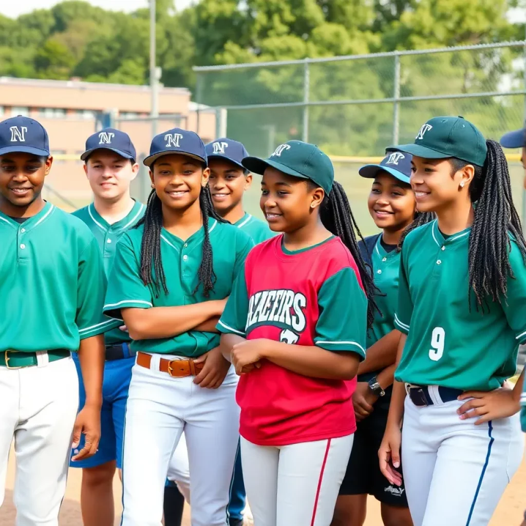 High school baseball players in a game representing teamwork and support.