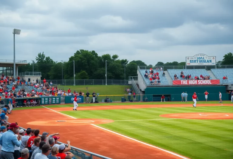 Players on a baseball field during a high school tournament