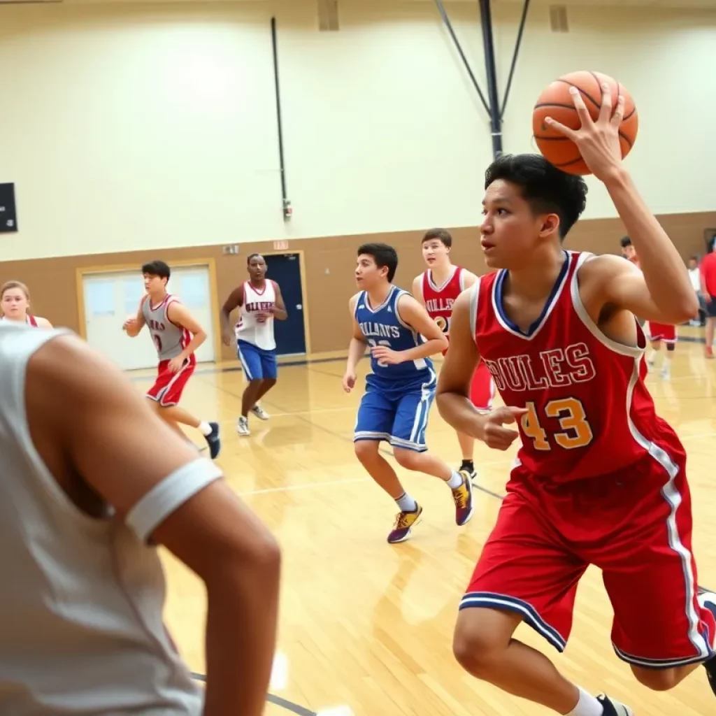Players engaged in a high school basketball game