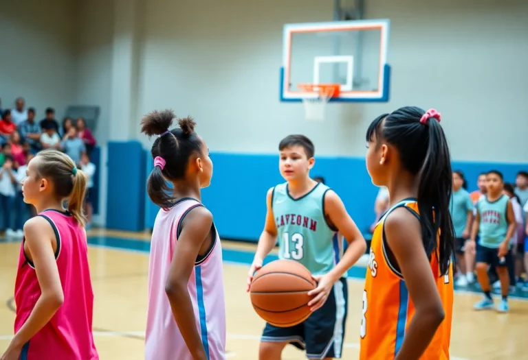 Young athletes playing basketball in a high school gym