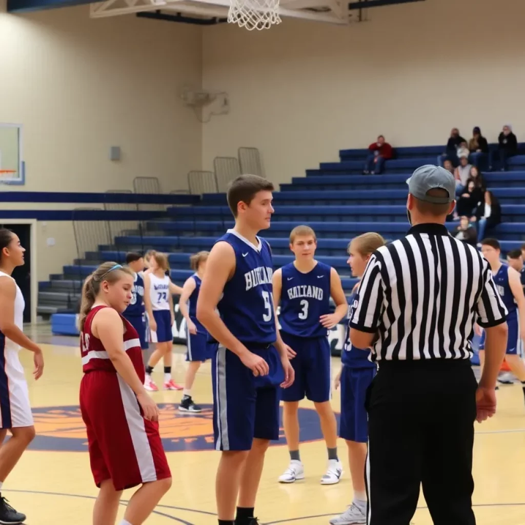 Players competing on a high school basketball court