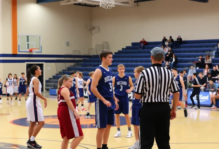 Players competing on a high school basketball court