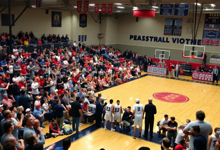 Exciting high school basketball game with fans cheering
