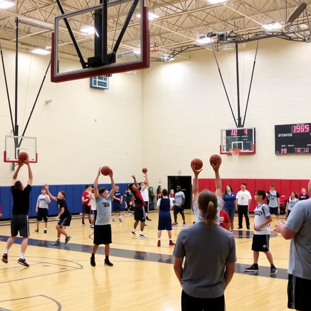 High school basketball gym with players and shot clocks