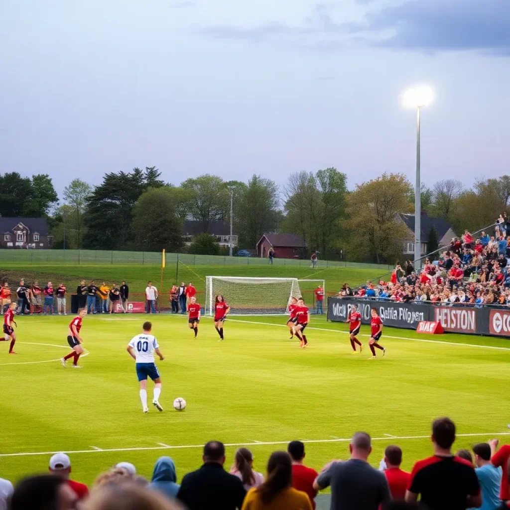 Players participating in a high school boys soccer match in Iowa.