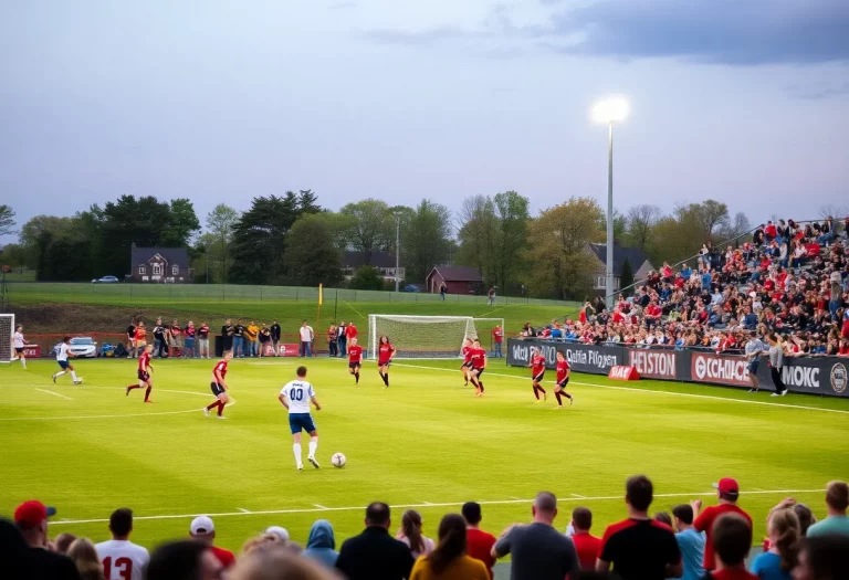 Players participating in a high school boys soccer match in Iowa.