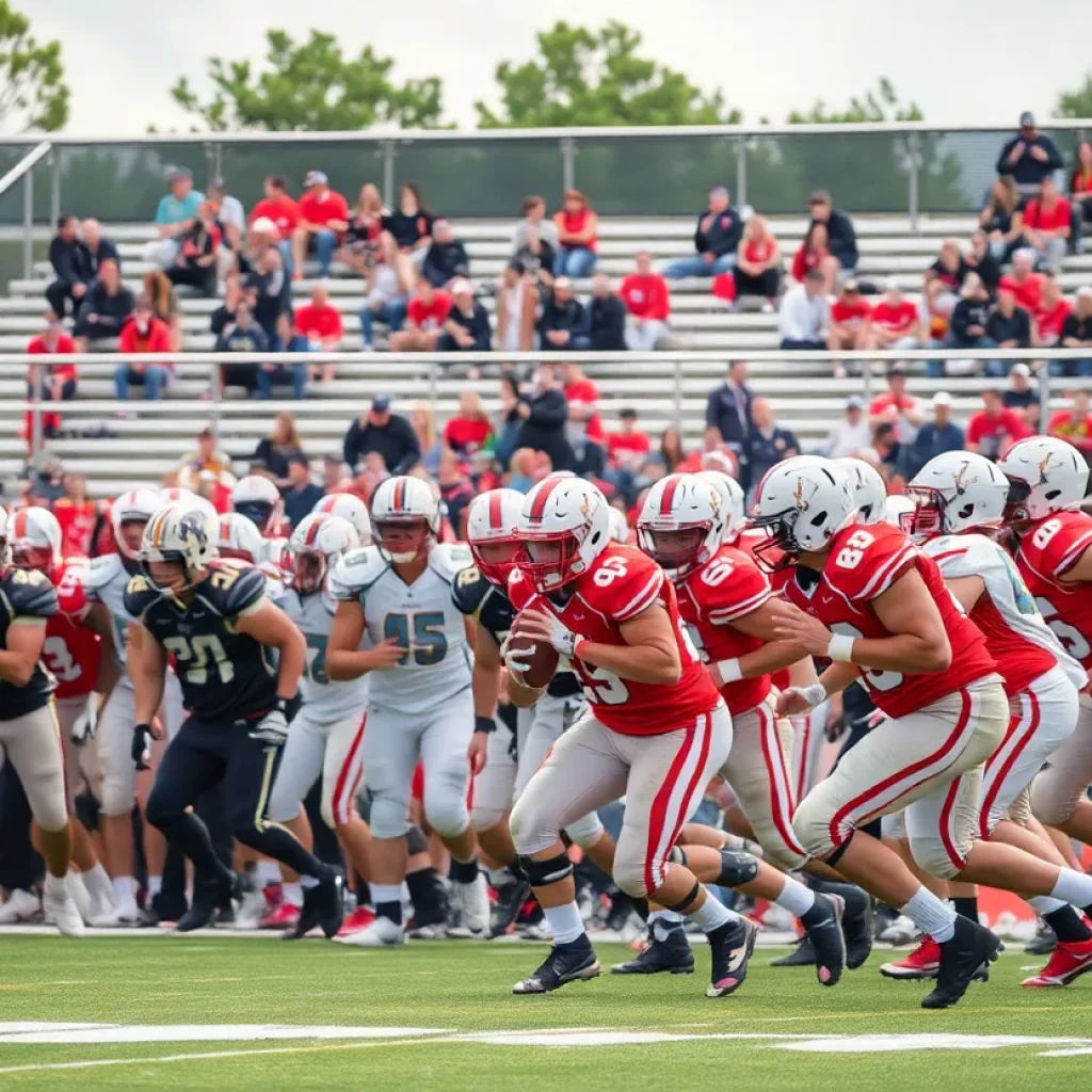 High school football players in action during a game in 2025.