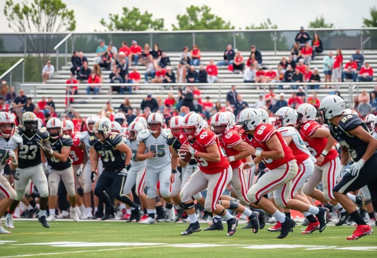High school football players in action during a game in 2025.