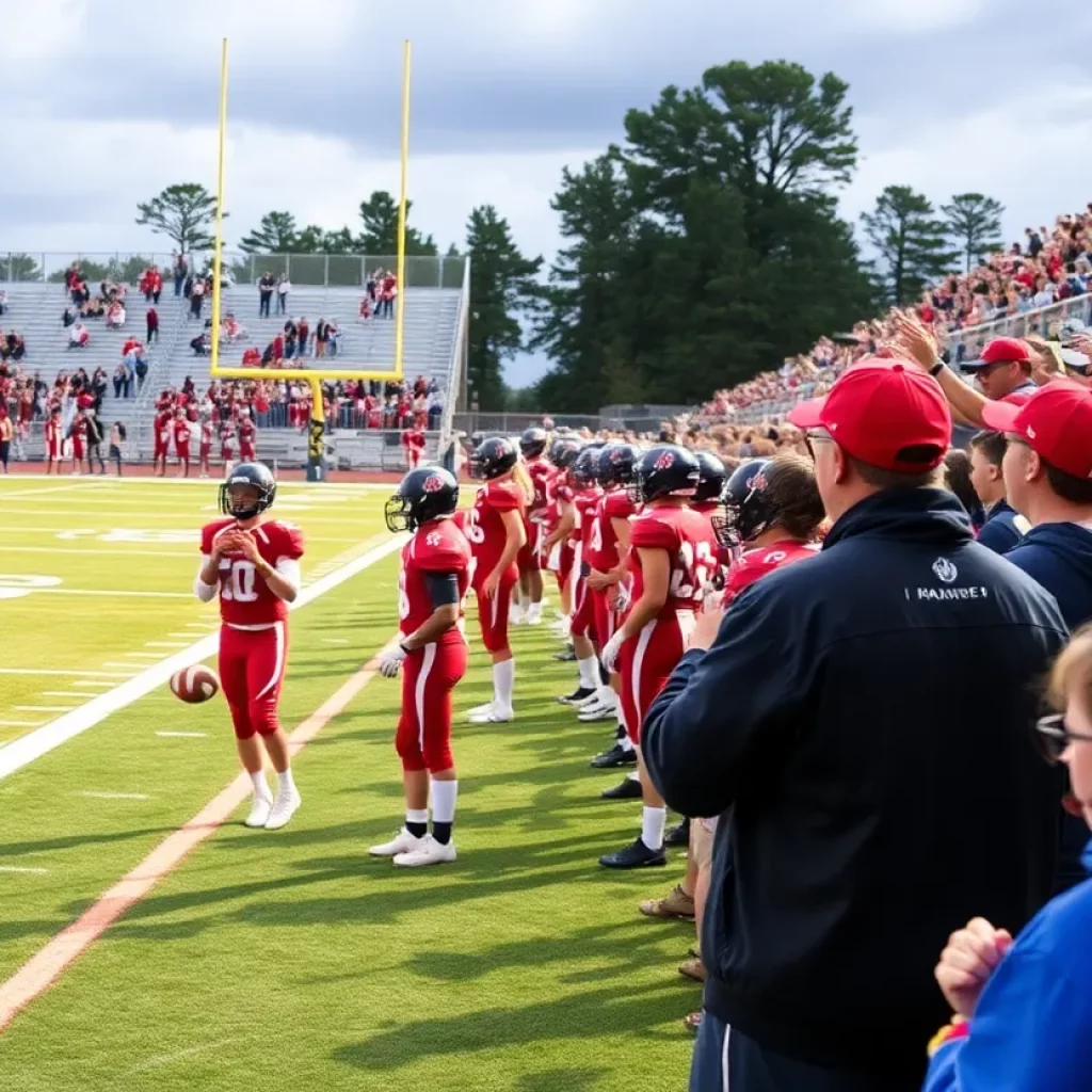 Scene from a high school football practice with players and coaches