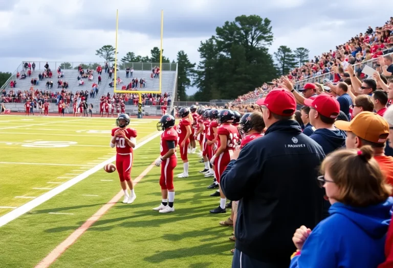 Scene from a high school football practice with players and coaches