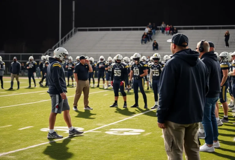 Dedicated high school football coaches on the field with players