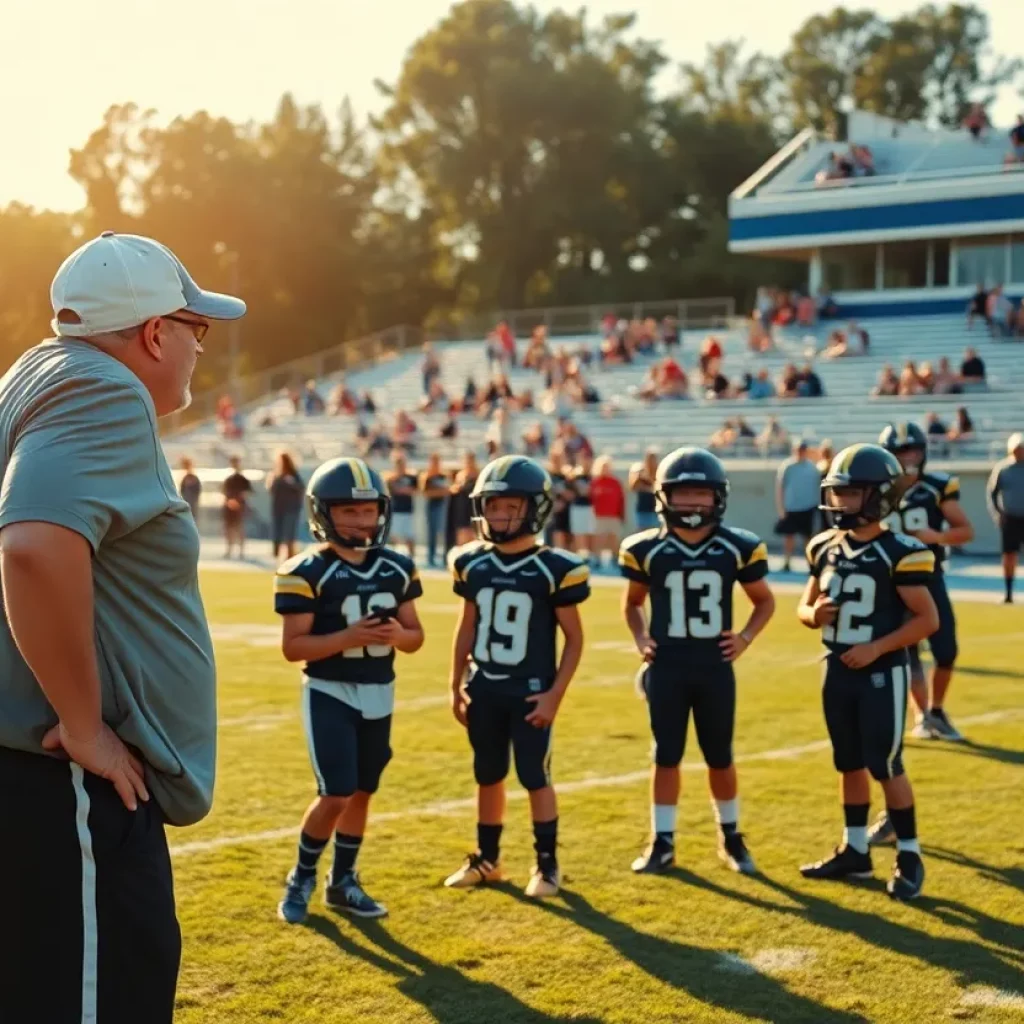 High school football coach guiding players on the field