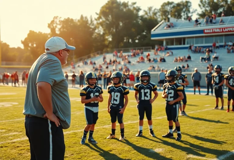 High school football coach guiding players on the field