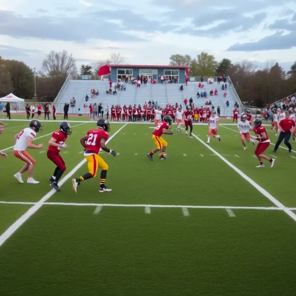 High school football teams playing collaboratively on the field