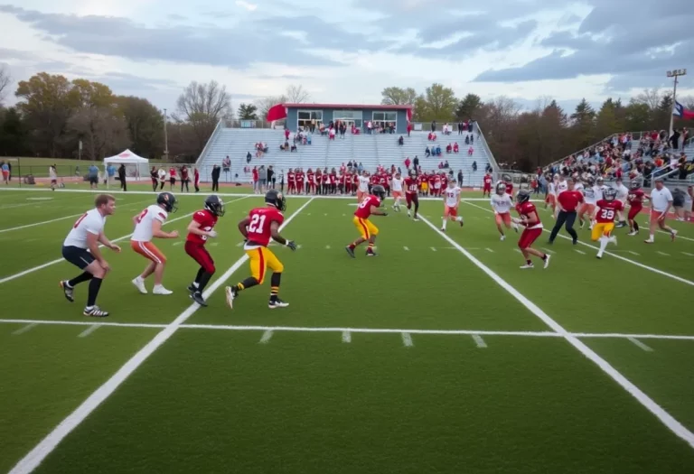 High school football teams playing collaboratively on the field